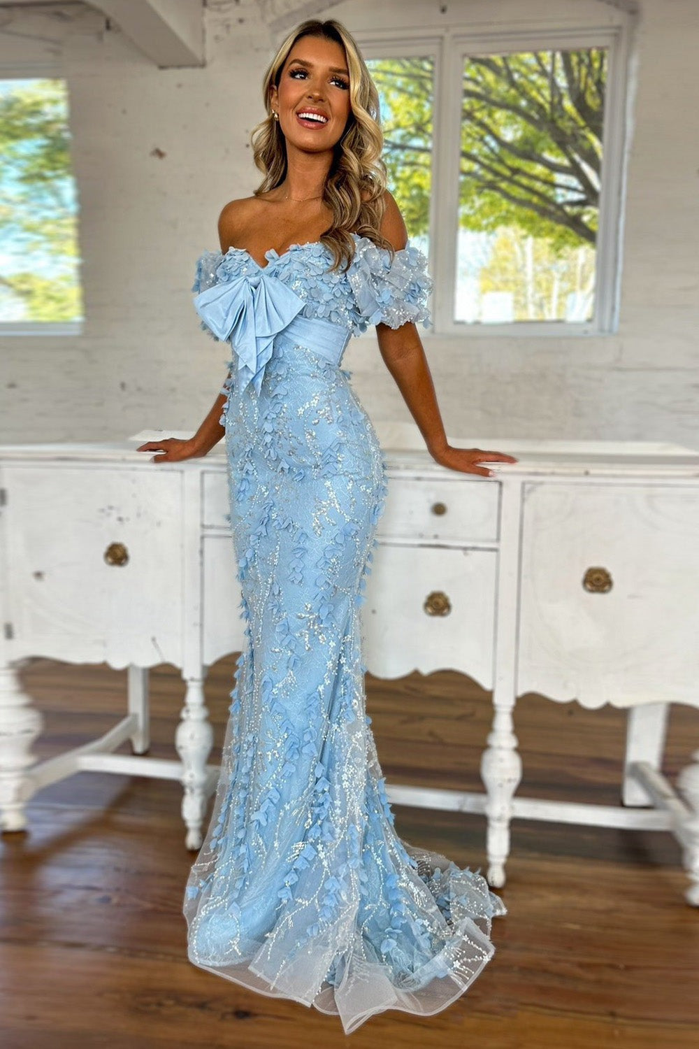 Light Blue Off The Shoulder Long Glitter Mermaid Prom Dresses