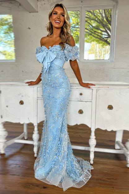 Robes de bal de sirène longues scintillantes bleu clair à épaules dénudées