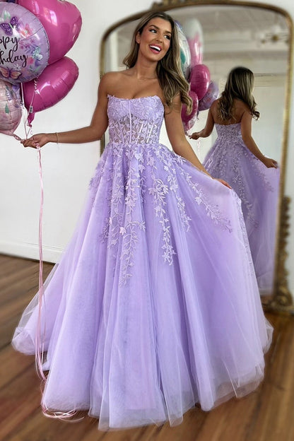 Robes de bal longues en tulle ligne A lilas sans bretelles