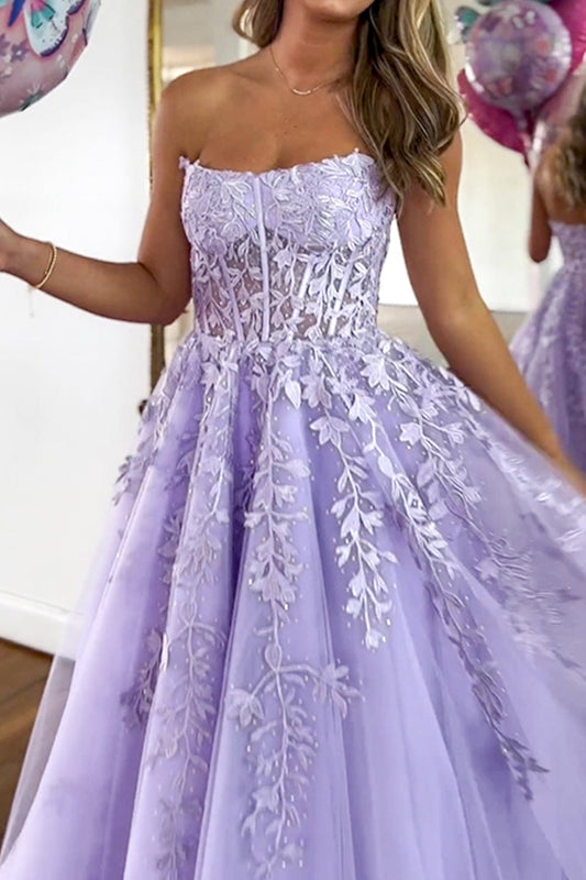 Robes de bal longues en tulle ligne A lilas sans bretelles