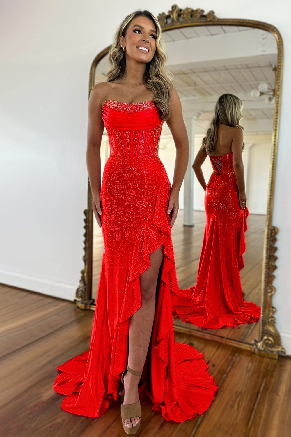 Light Blue Mermaid Strapless Lace Up Long Beaded Prom Dresses