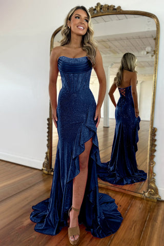 Light Blue Mermaid Strapless Lace Up Long Beaded Prom Dresses