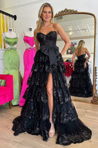 Pink A-Line Tulle Sweetheart Long Tiered Sequin Prom Dresses