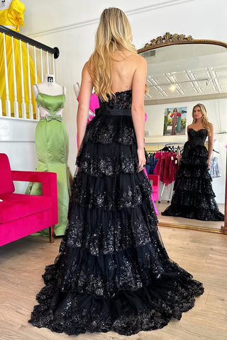 Pink A-Line Tulle Sweetheart Long Tiered Sequin Prom Dresses