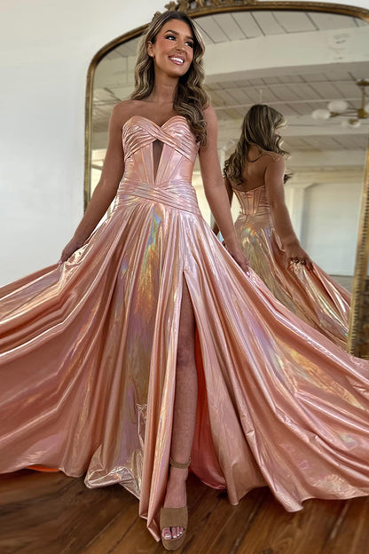 Robe de bal rose métallique avec cœur, longues robes de soirée formelles