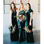 Green Mermaid Sleeveless Mismatched Long Velvet Bridesmaid Dresses