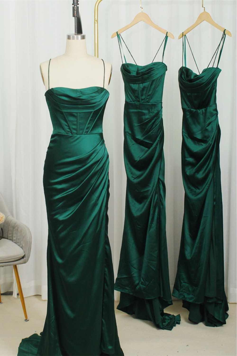 Modest Satin Dark Green Mermaid Bridesmaid Dresses Straps Wedding Guest Dress