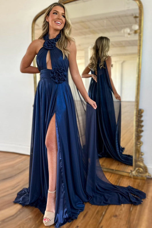Robes de bal longues en satin bleu marine trapèze à col licou