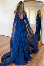Navy A-Line Halter Neck Long Satin Prom Dresses