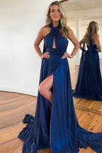 Navy A-Line Halter Neck Long Satin Prom Dresses