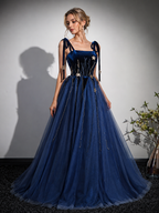 Navy Blue Tulle Spaghetti Straps A Line Prom Dresses
