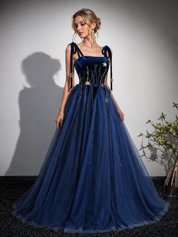 Navy Blue Tulle Spaghetti Straps A Line Prom Dresses