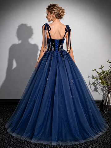 Navy Blue Tulle Spaghetti Straps A Line Prom Dresses