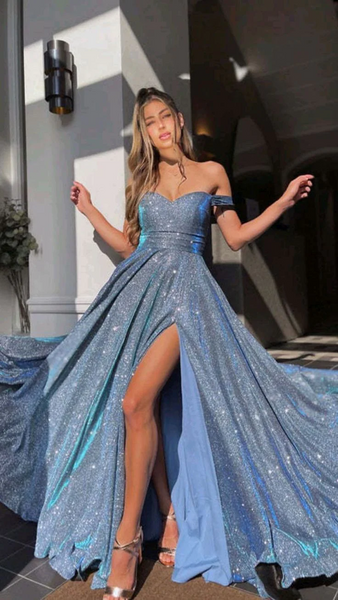 Off The Shoulder Sparkly Long Prom Dresses With Split,BD930834