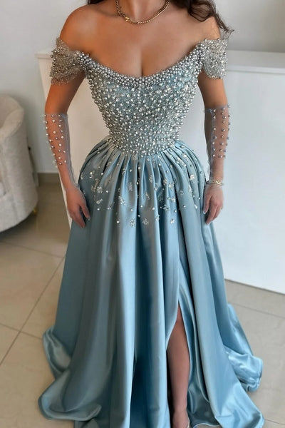Off The Shoudler Pearls Dusty Blue A-Line Floor Length Prom Dresses Pic Color / US10 Off The Shoudler Pearls Dusty Blue A-Line Floor Length Prom Dresses Pic Color / US10