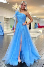 One Shoulder Long Blue Lace Prom Dresses