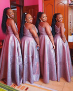 A Line Long African One Shoulder Puple Sequin Bridesmaid Dresses Party Dress