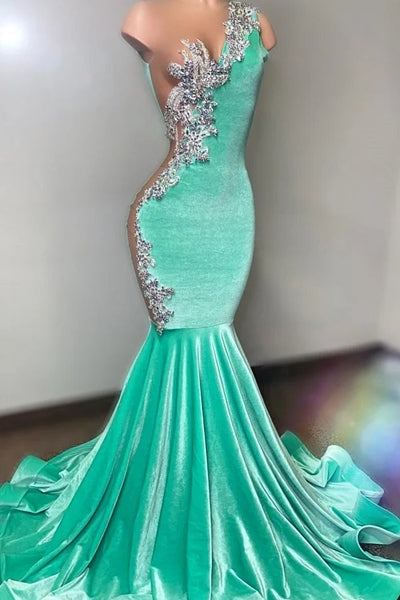 One shoudler Mint Green Silver Velvet Floor length Prom Dresses