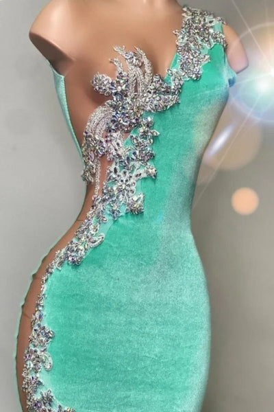 One shoudler Mint Green Silver Velvet Floor length Prom Dresses luladress One shoudler Mint Green Silver Velvet Floor length Prom Dresses luladress