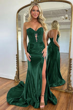 Navy Blue Sweetheart Mermaid Long Satin Prom Dresses