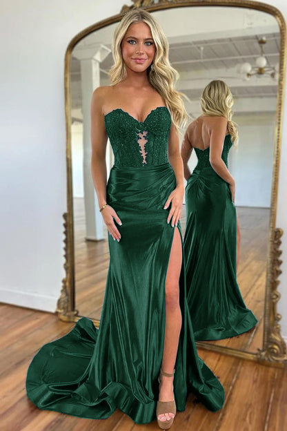 Navy Blue Sweetheart Mermaid Long Satin Prom Dresses