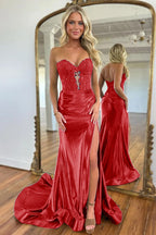 Navy Blue Sweetheart Mermaid Long Satin Prom Dresses