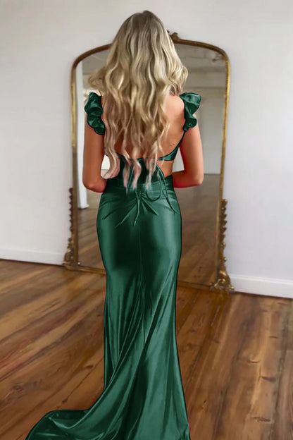 Robes de bal longues sirène en satin rose vif avec découpes à la taille