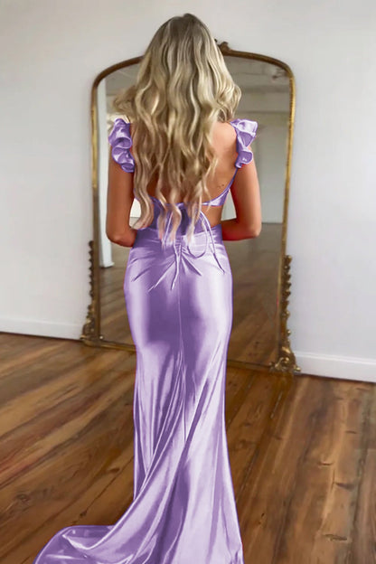 Robes de bal longues sirène en satin rose vif avec découpes à la taille