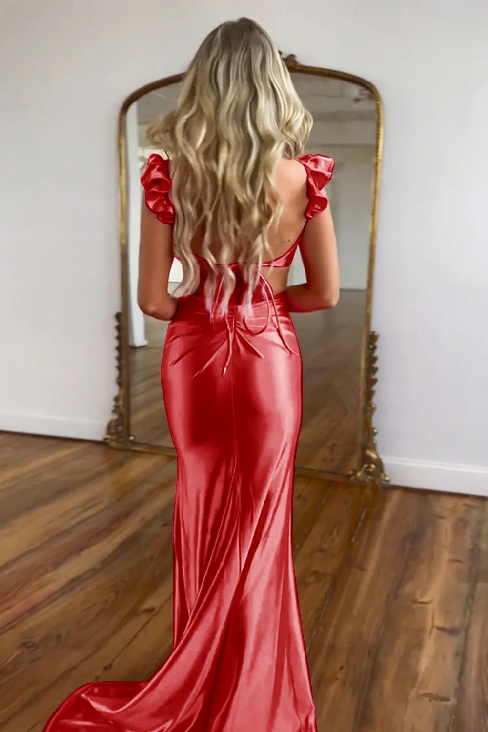 Robes de bal longues sirène en satin rose vif avec découpes à la taille