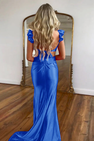 Hot Pink Satin Cutout Waist Mermaid Long Prom Dresses