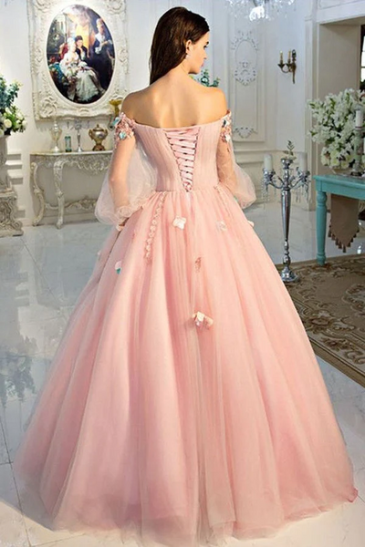 Pearl Pink Tulle Ball Gown Off-the-Shoulder Long Sleeves Prom Dresses,BD930825