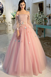 Pearl Pink Tulle Ball Gown Off-the-Shoulder Long Sleeves Prom Dresses,BD930825