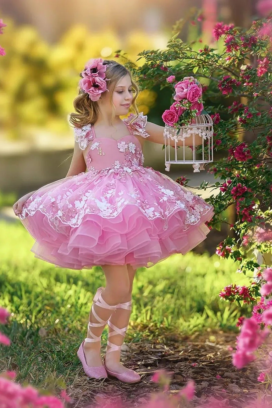 Tulle Pink Ball Gown Princess Flower Girl Dress with 3D Flowers
