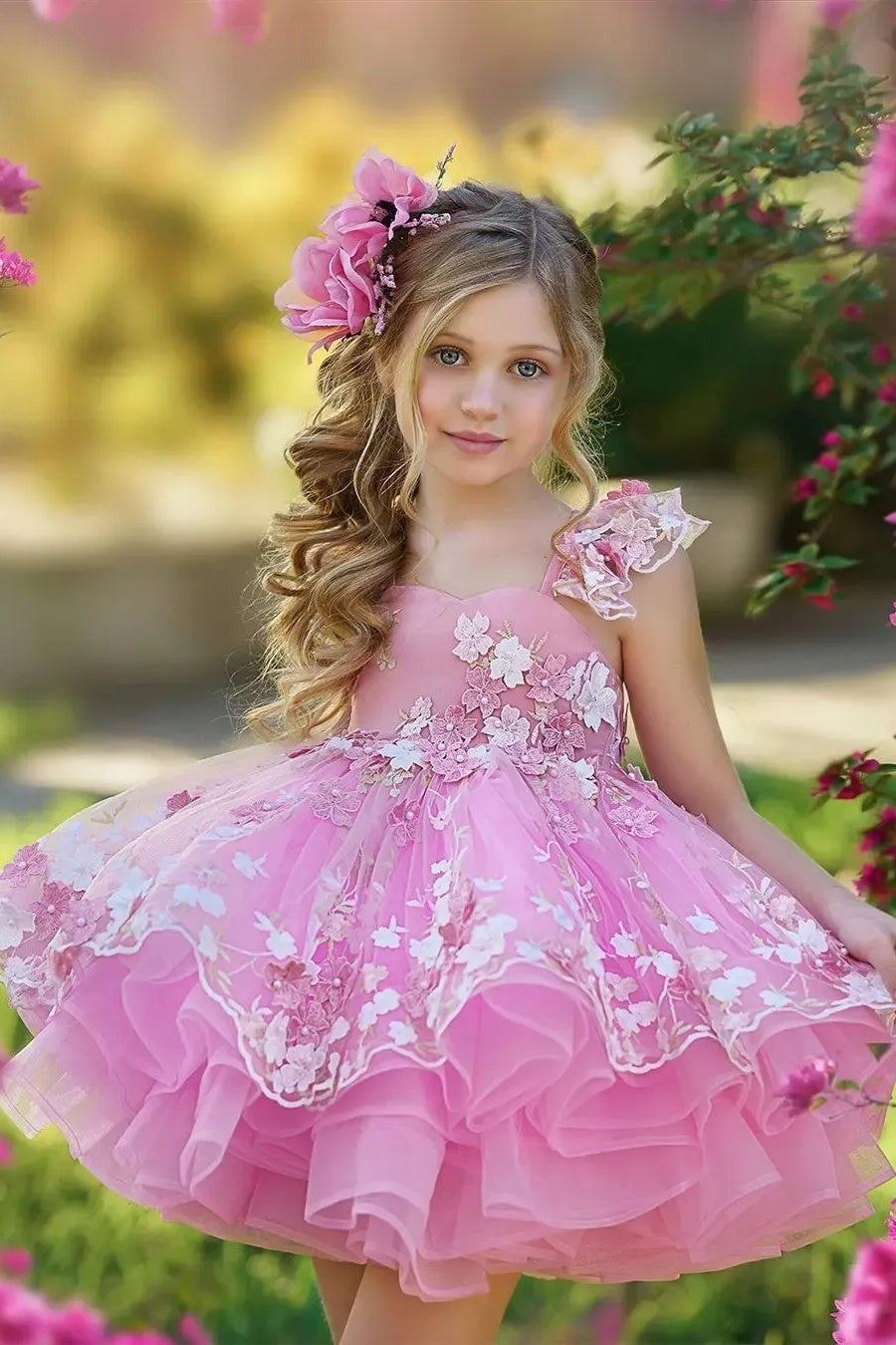 Tulle Pink Ball Gown Princess Flower Girl Dress with 3D Flowers