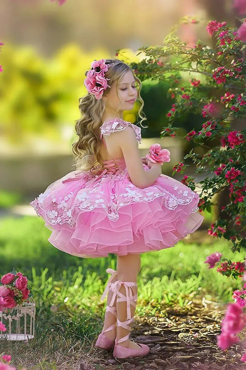 Tulle Pink Ball Gown Princess Flower Girl Dress with 3D Flowers