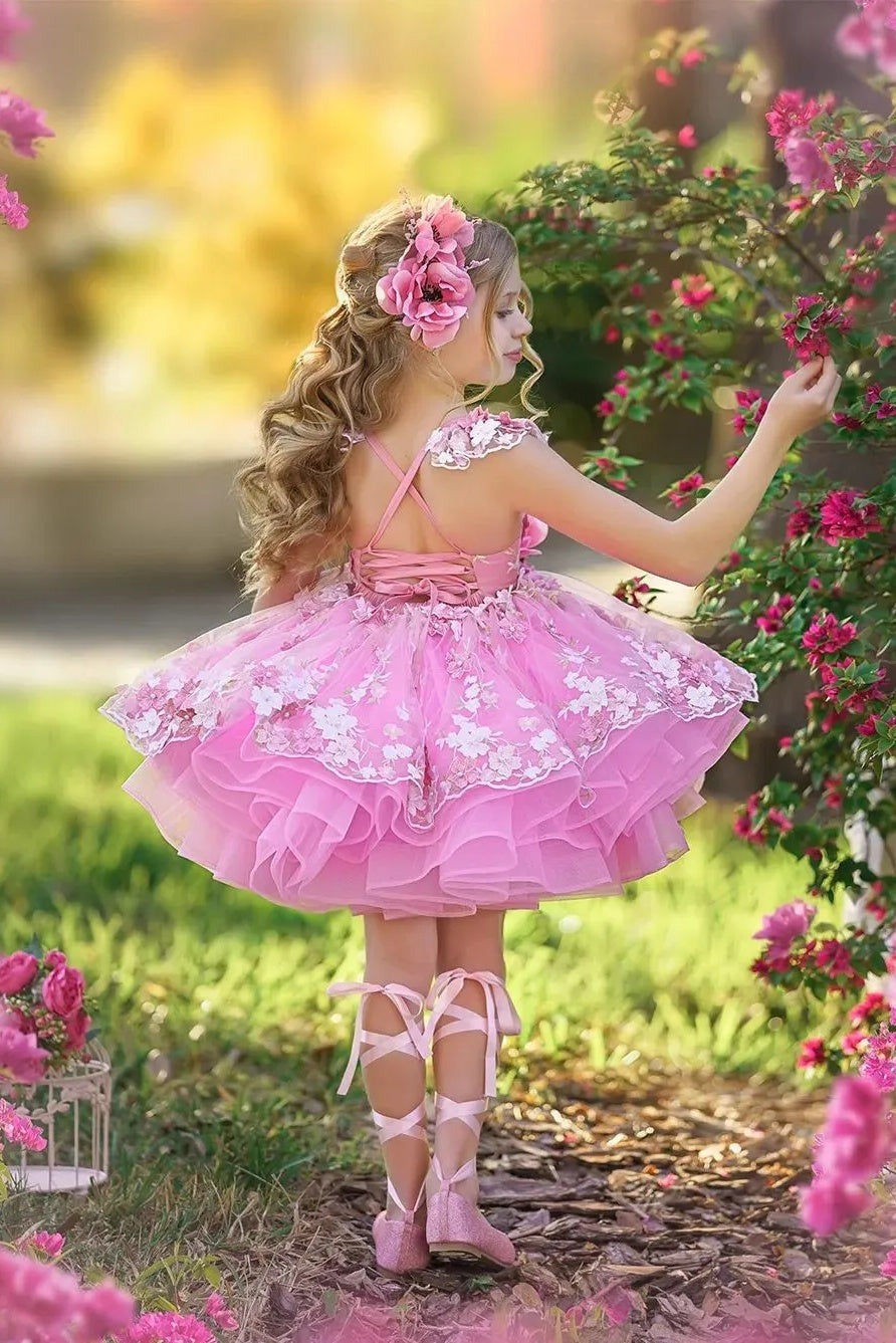 Tulle Pink Ball Gown Princess Flower Girl Dress with 3D Flowers