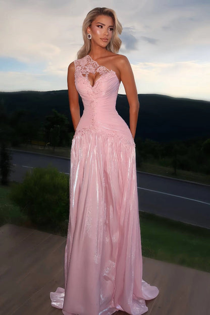 Pink One Shoulder A-Line Pleated Empire-Waist Pleated Long Prom Dresses