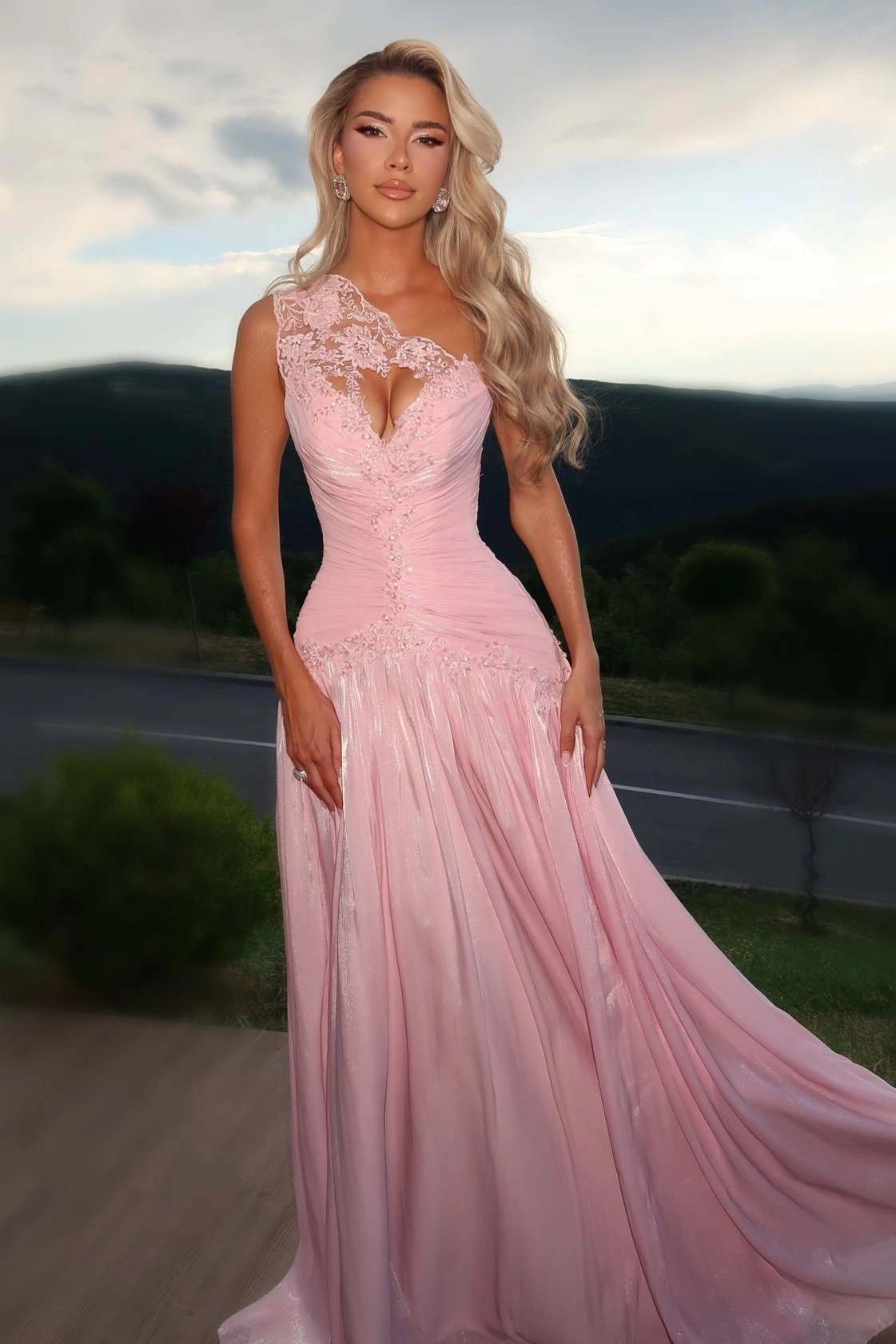 Pink One Shoulder A-Line Pleated Empire-Waist Pleated Long Prom Dresses