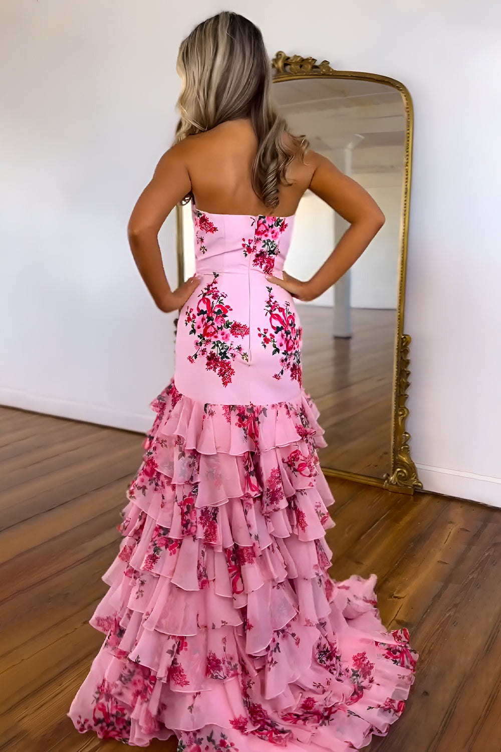 Robes de bal longues en mousseline de soie sirène sans bretelles roses