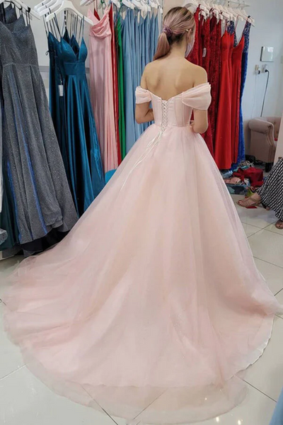 A-line Off Shoulder Pink Tulle Long Prom Dresses, Evening Gown With Train,BD930822