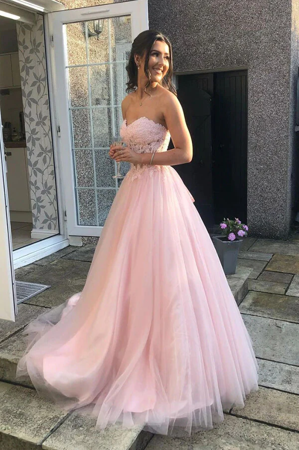 Pink Tulle Sweetheart Lace A-line Prom Dresses, Long Formal Dresses,BD930793