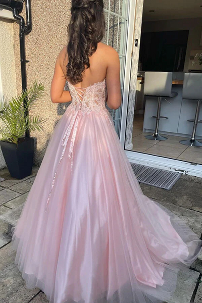 Pink Tulle Sweetheart Lace A-line Prom Dresses, Long Formal Dresses,BD930793
