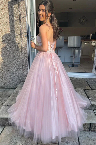 Pink Tulle Sweetheart Lace A-line Prom Dresses, Long Formal Dresses,BD930793