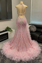 Mermaid Pink Halter Tulle Ruffles High Split Sequin Prom Dresses