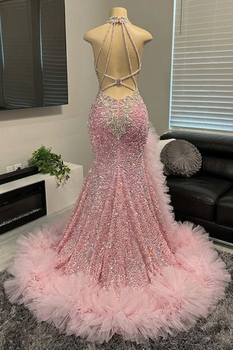 Coral Strapless Sequin Lace Mermaid Long Prom Dresses – luladress