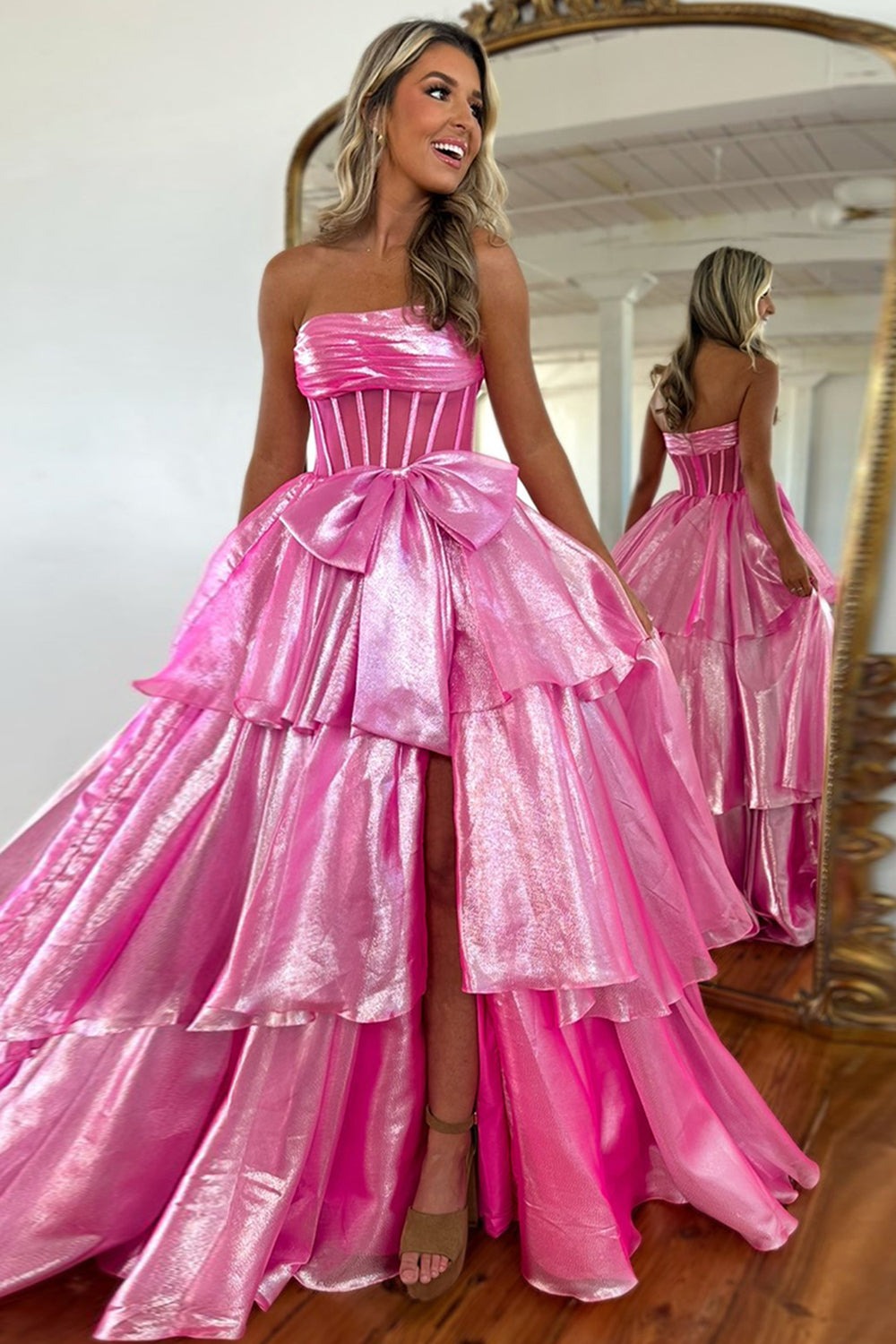 Strapless Ruffled Long Formal Prom Dresses
