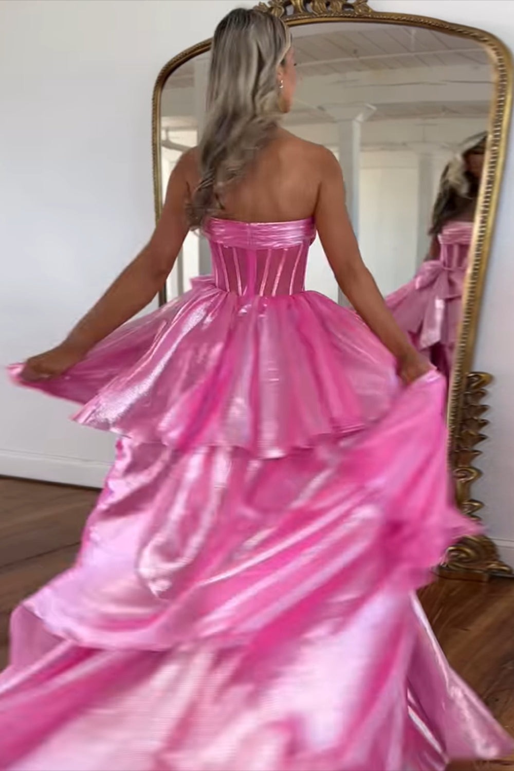 Strapless Ruffled Long Formal Prom Dresses