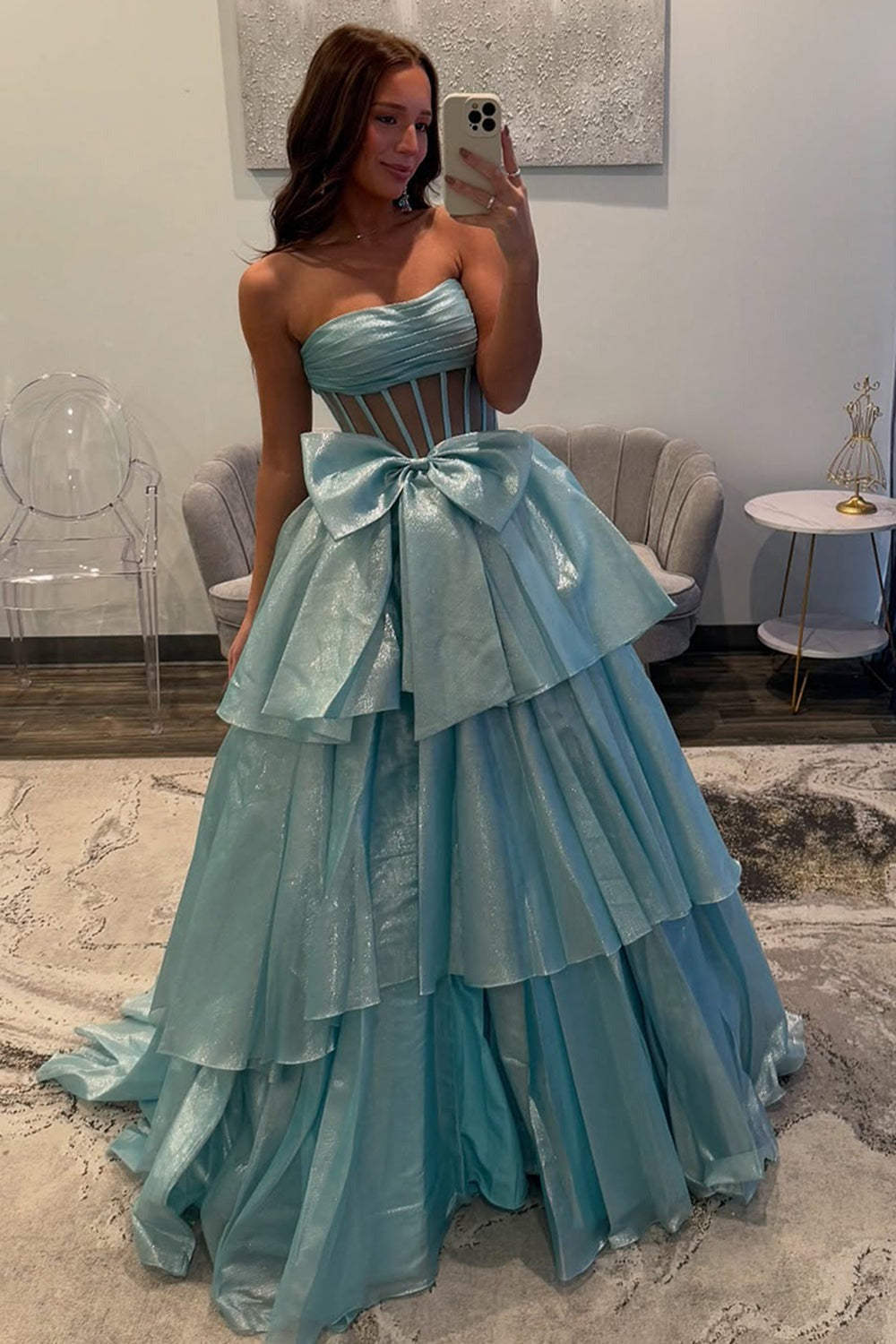 Robes de soirée de bal longues à volants sans bretelles