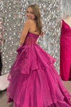 Strapless Ruffled Long Formal Prom Dresses