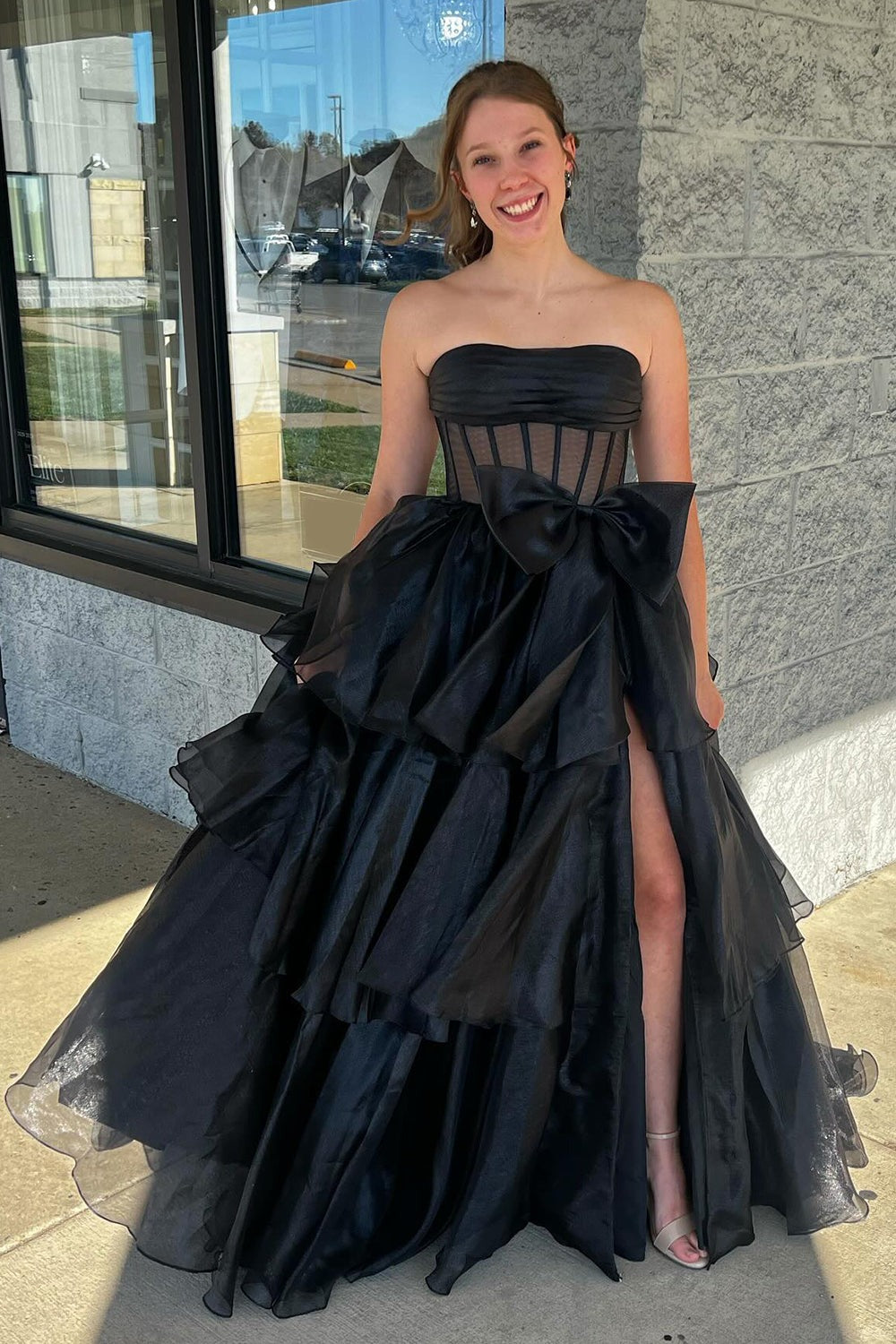 Strapless Ruffled Long Formal Prom Dresses